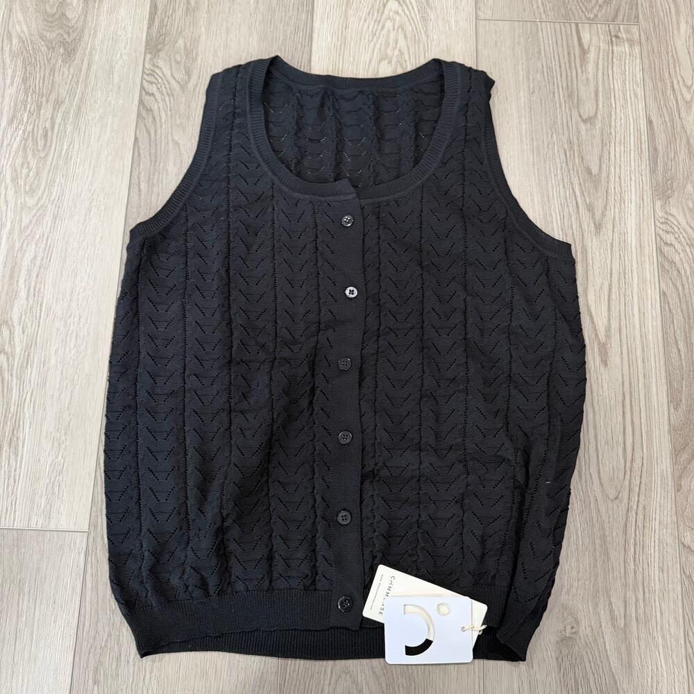 Commense Preppy Casual Full Button Black Stretch Knit Academia Vest NWT L
